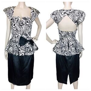 VTG 80s Velvet Satin Zebra Swirl Cutout Peplum Bow Front Statement Party Dress